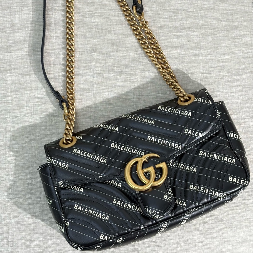 GUCCI Black Leather GG Marmont Shoulder Bag with Balenciaga Print Medium GHW - Picture 6 of 17